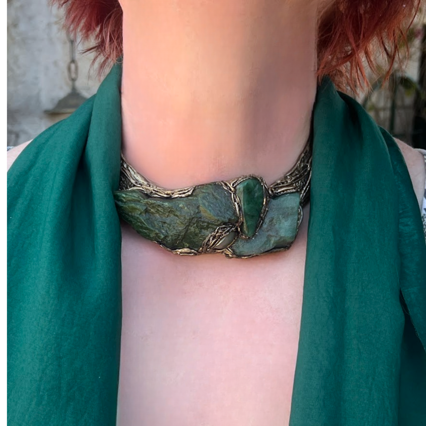 Green Gemstone Cuff Bracelet with Aventurine & Buddstone - Unique Statement Jewelry