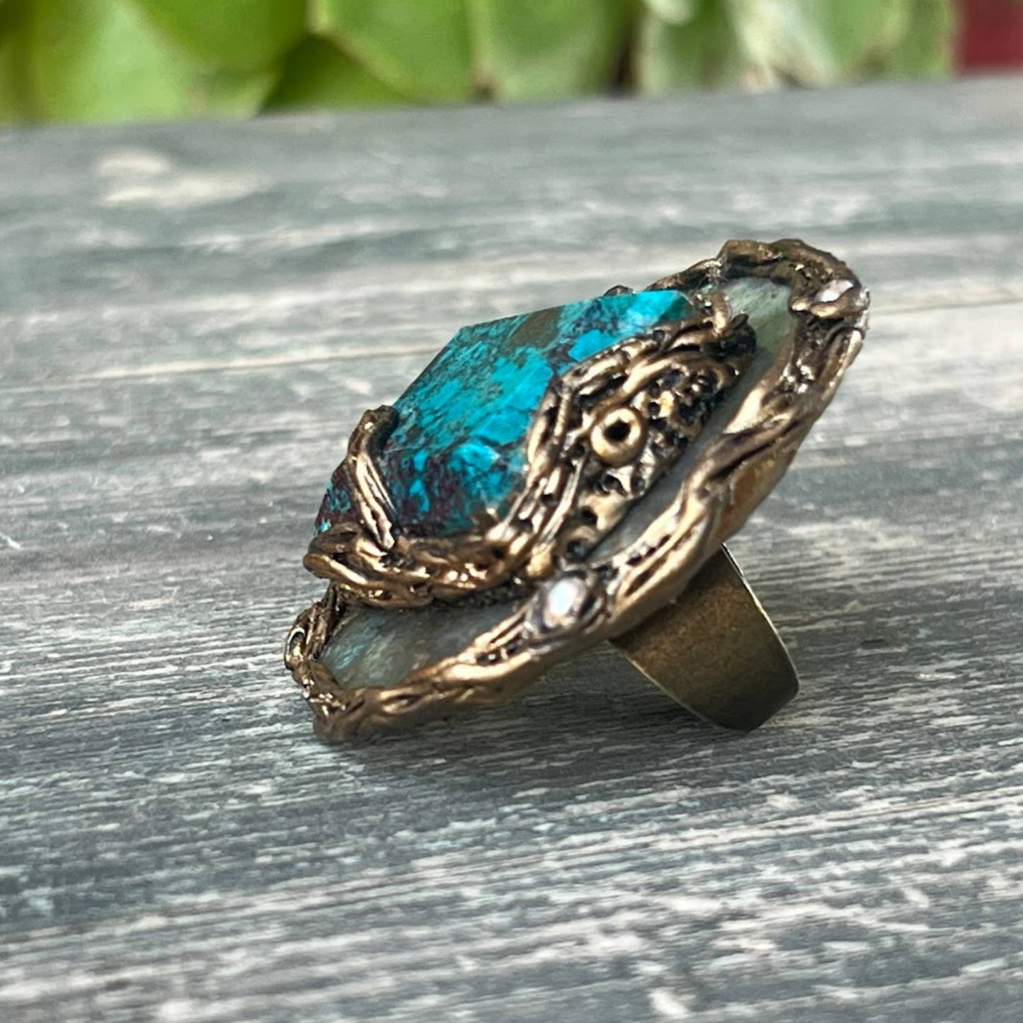 Large Labradorite Round Cocktail Ring with Chrysocolla - Chunky Statement Jewelry