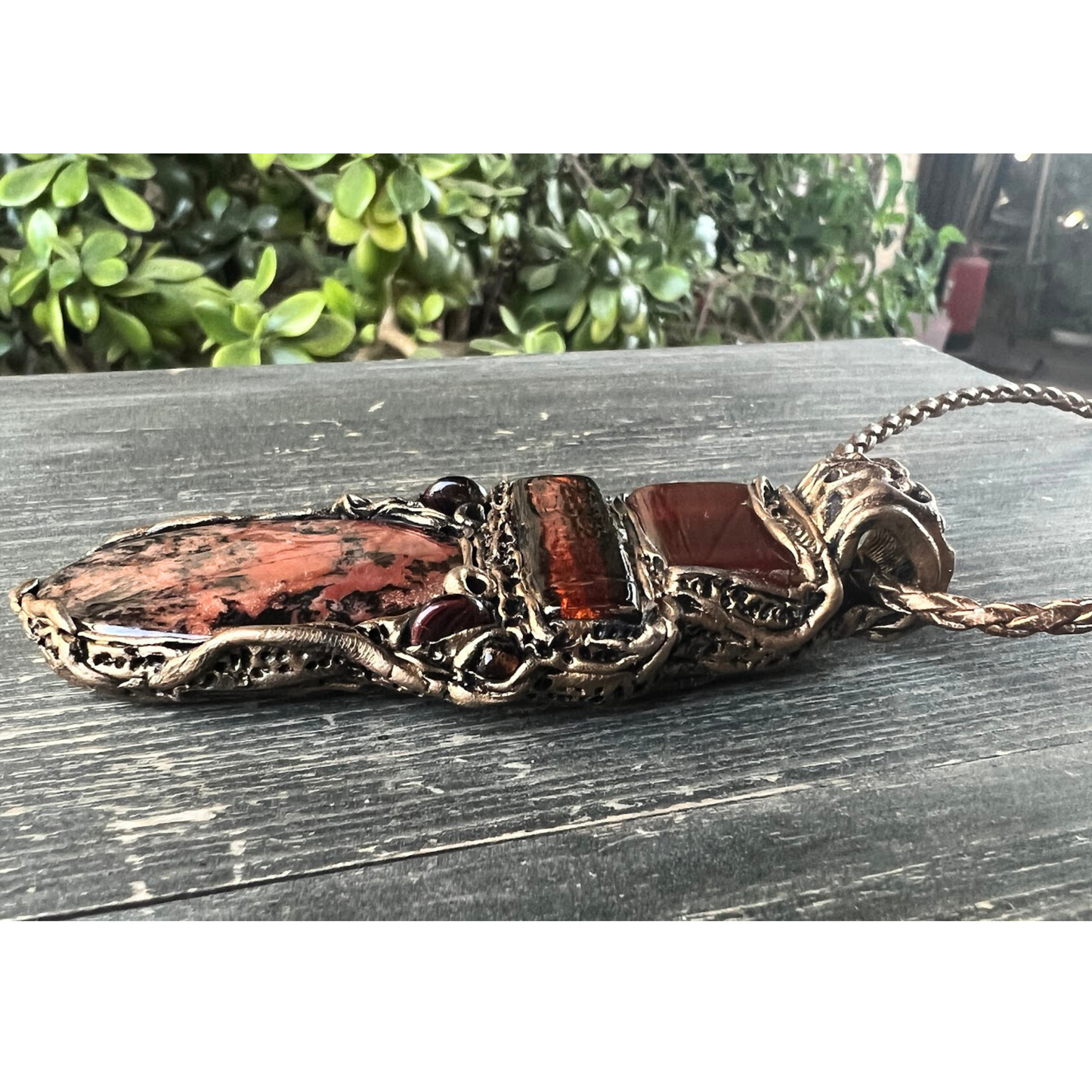 Carnelian & Honey Dendritic Opal Large Stone Pendant Necklace, , one piece healing necklace