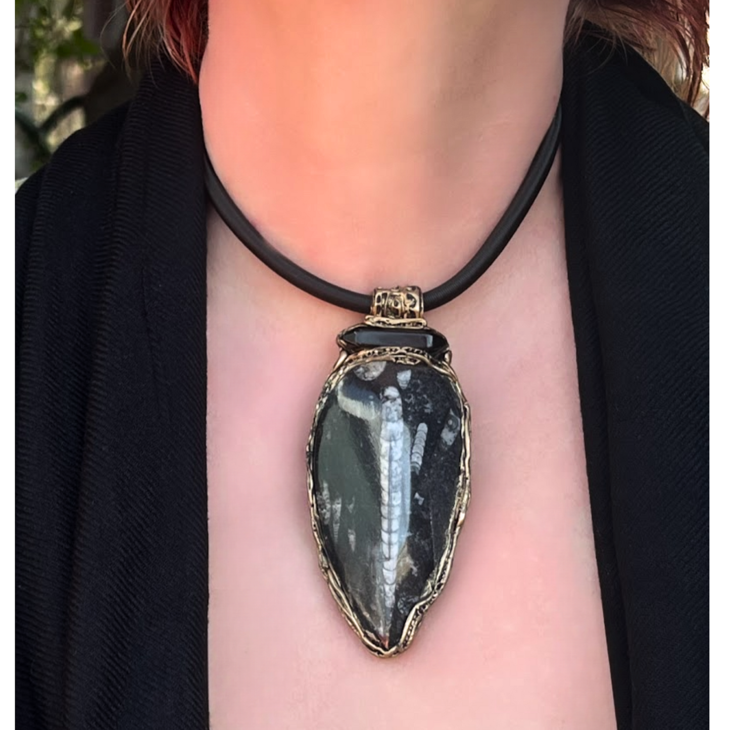Black Onyx Pendant Necklace with Large Fossil - Bold Statement Gemstone Jewelry