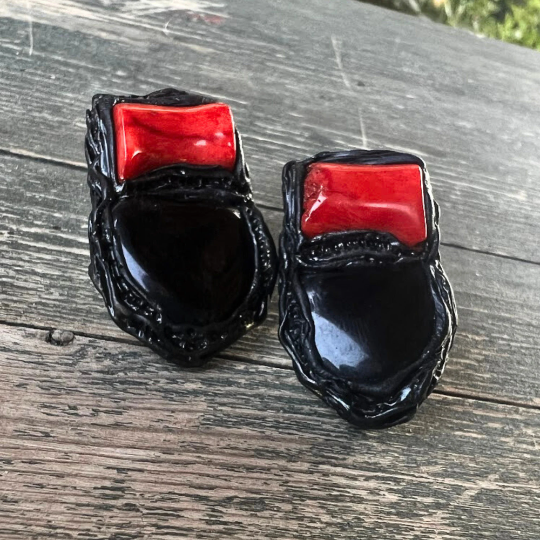 Statement Black Onyx and Red Coral Large Stud Earrings