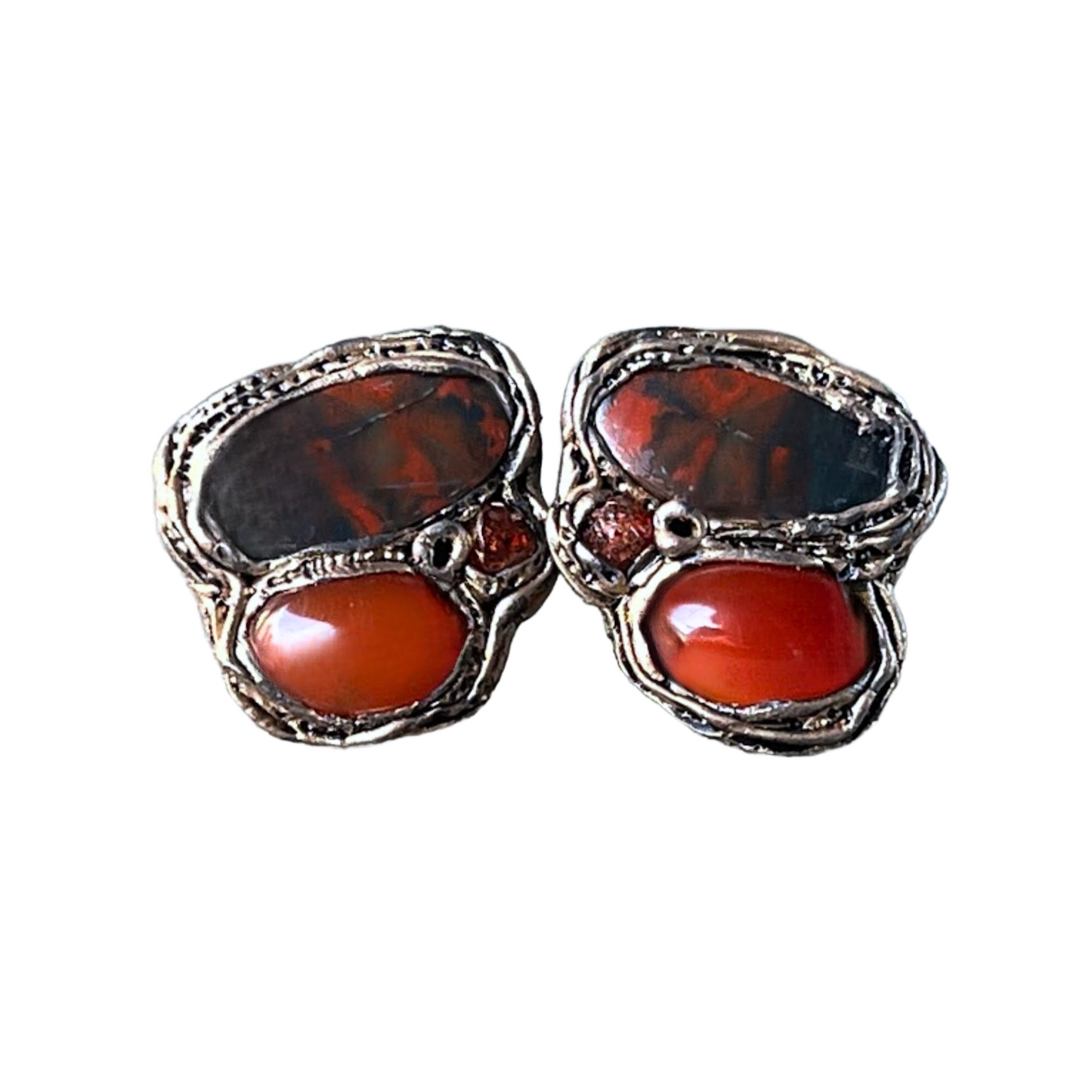 Red Carnelian and Rainbow Jasper Clip-On Earrings - Gemstone Statement Jewelry