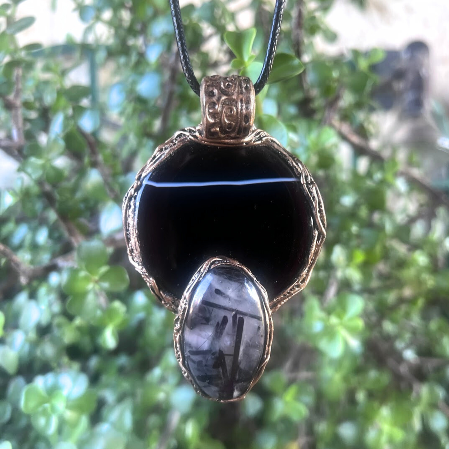 Tourmaline Quartz & Onyx Crystal Amulet - Empath Protection Necklace