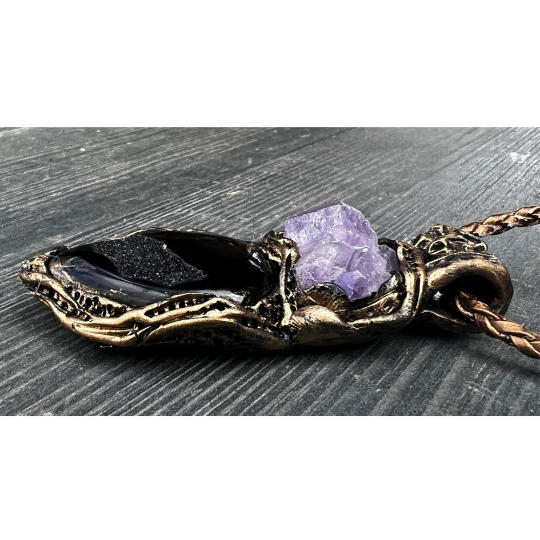 Raw Amethyst & Druzy Agate Necklace: Healing Crystal Pendant