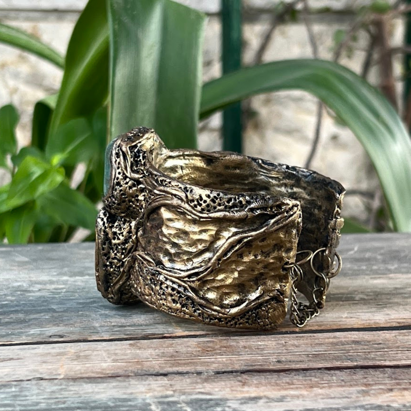 Green Gemstone Large Cuff Bracelet with Aventurine & Prasem