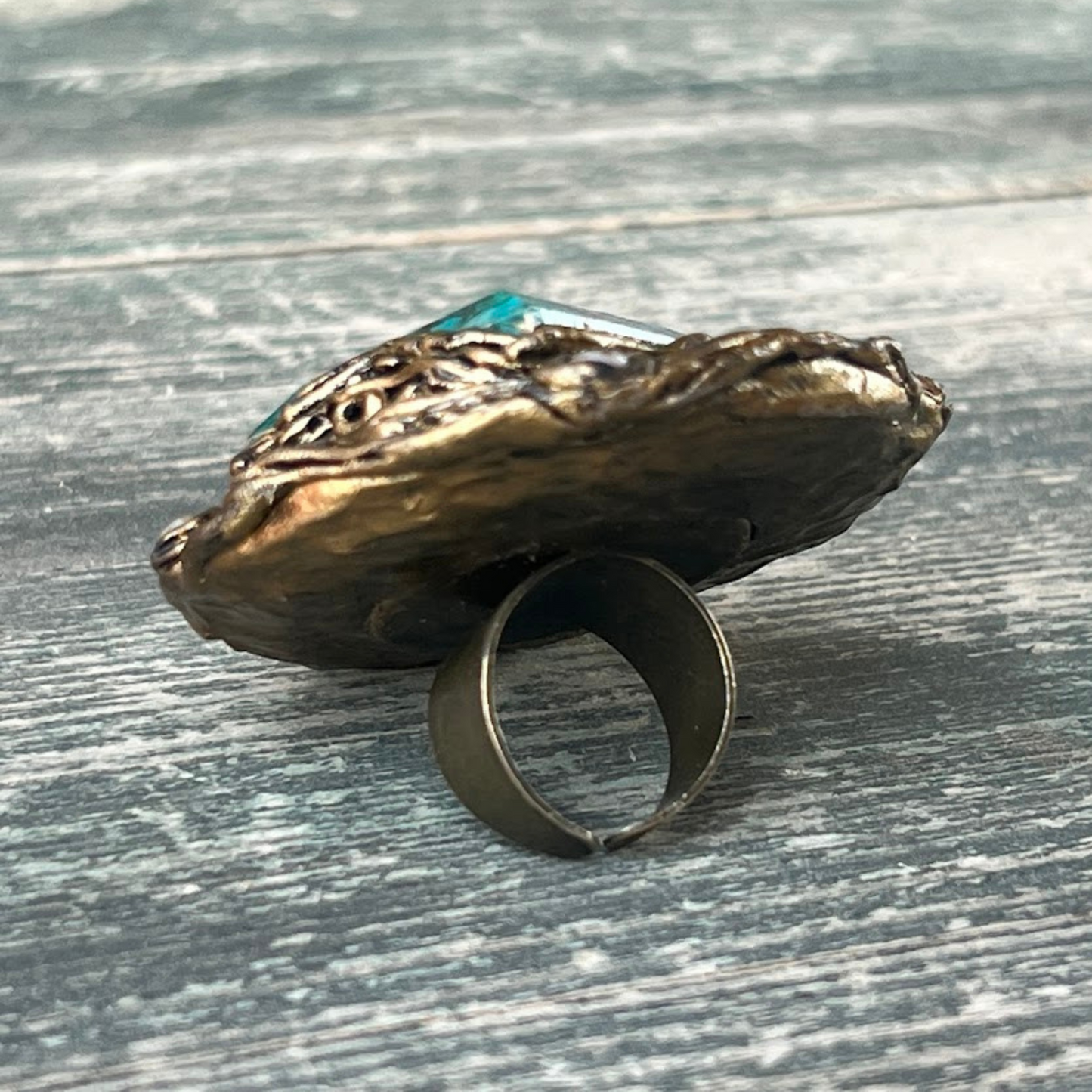Large Labradorite Round Cocktail Ring with Chrysocolla - Chunky Statement Jewelry