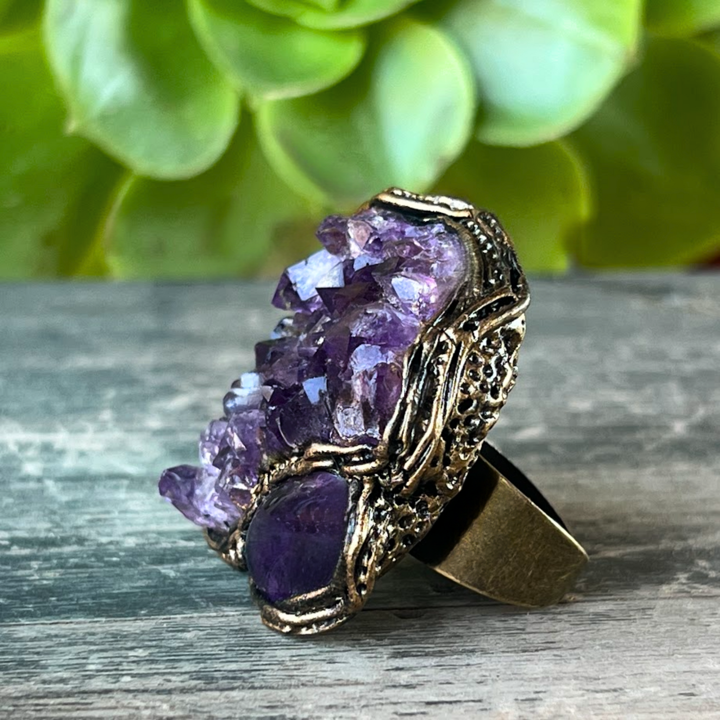 Chunky Amethyst Geode Ring - Statement Crystal Jewelry