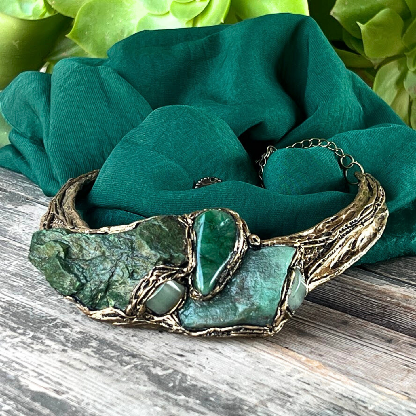 Green Gemstone Cuff Bracelet with Aventurine & Buddstone - Unique Statement Jewelry