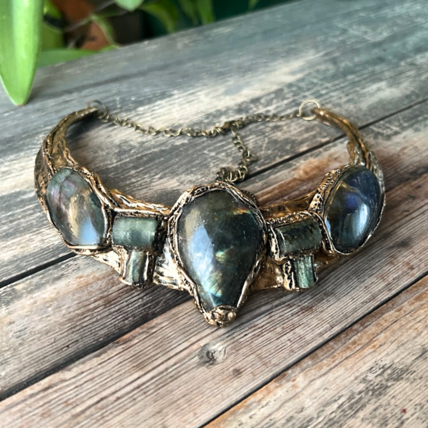 Labradorite and Prehnite Chunky Collar Necklace, Statement Green Stone Choker