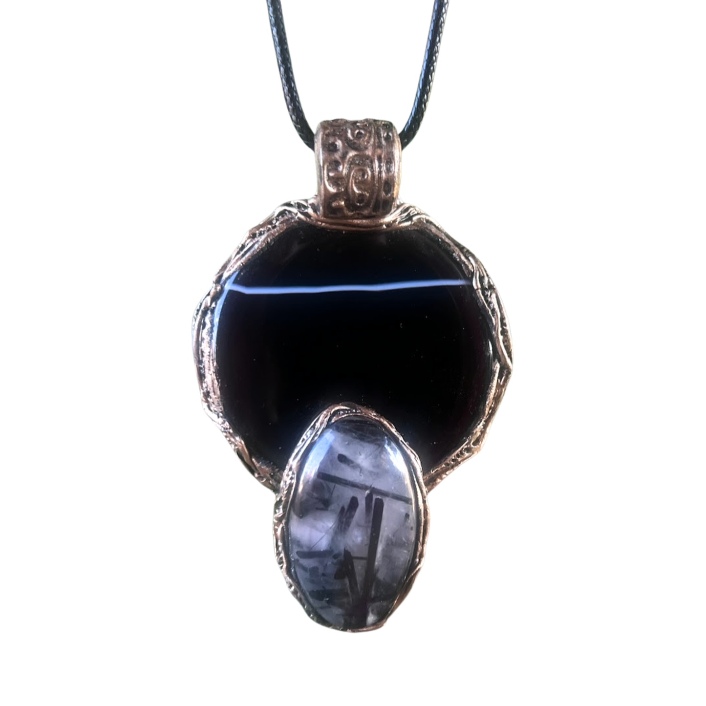 Tourmaline Quartz & Onyx Crystal Amulet - Empath Protection Necklace