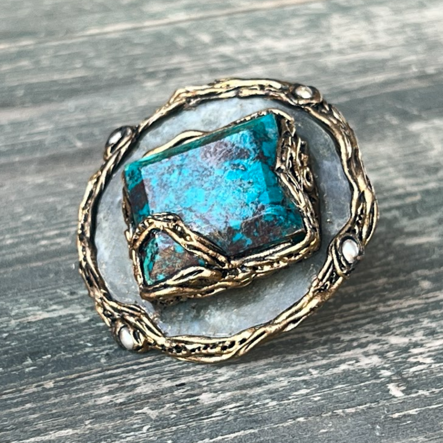 Large Labradorite Round Cocktail Ring with Chrysocolla - Chunky Statement Jewelry