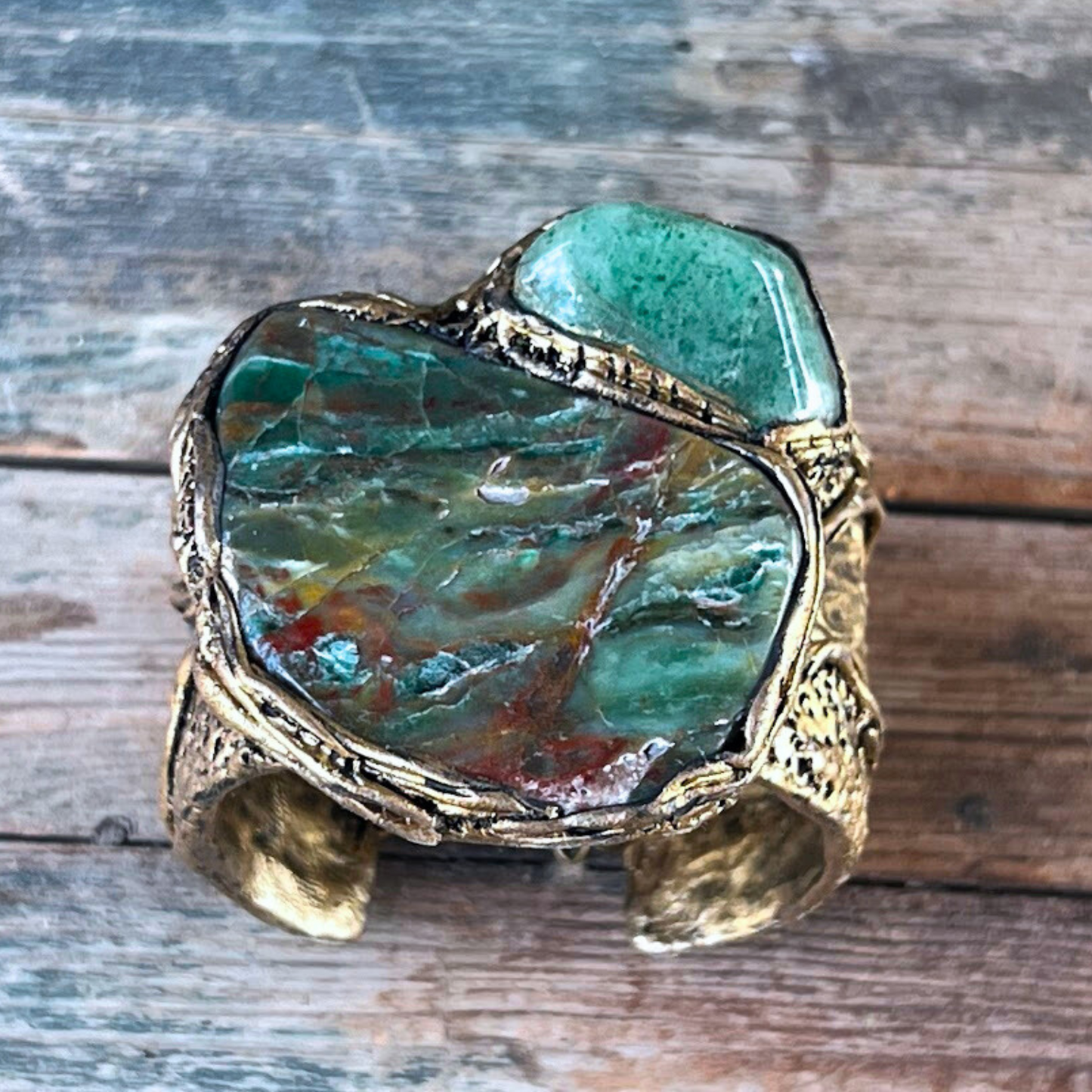 Green Gemstone Large Cuff Bracelet with Aventurine & Prasem