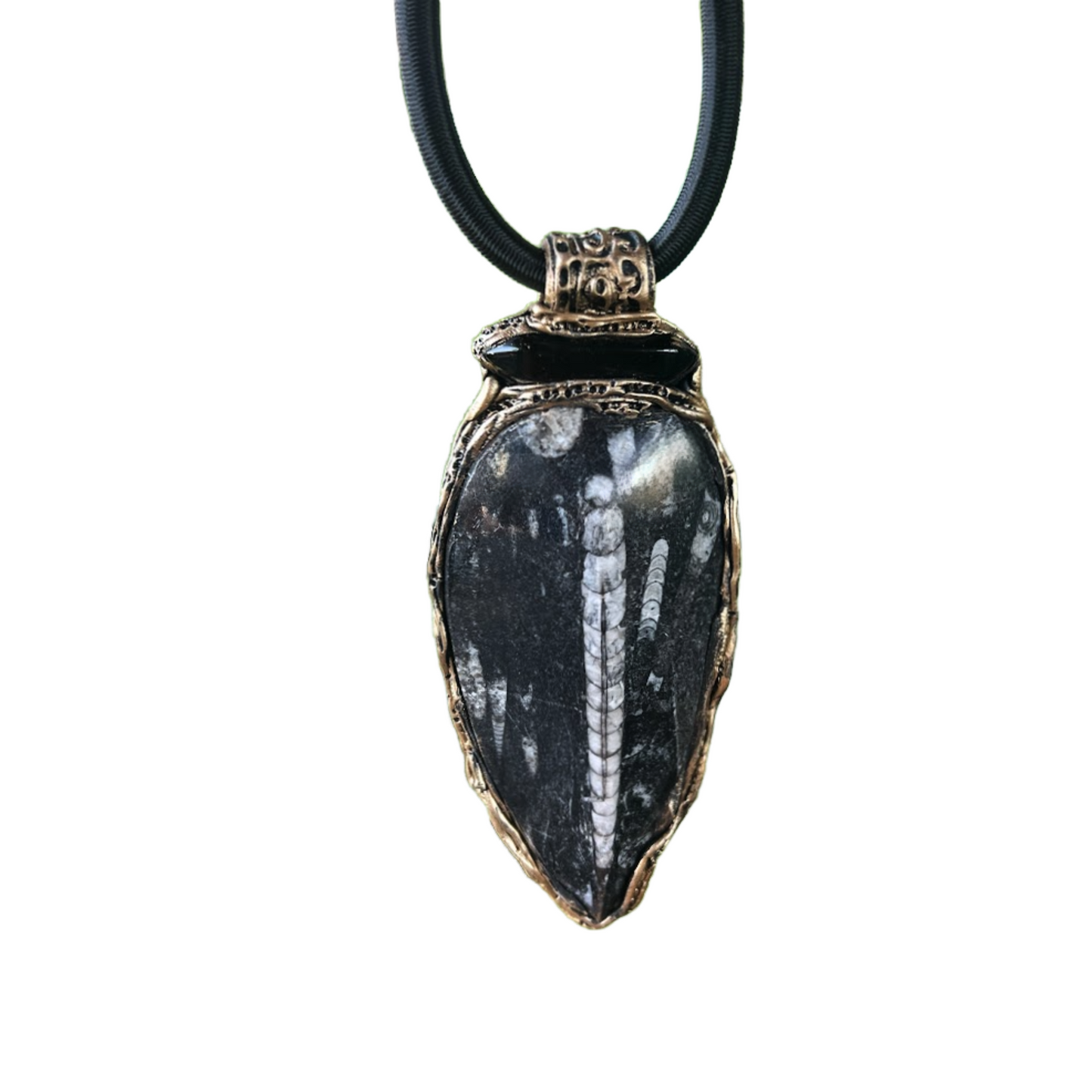 Black Onyx Pendant Necklace with Large Fossil - Bold Statement Gemstone Jewelry