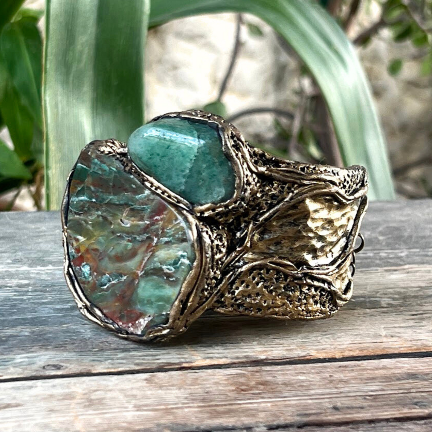Green Gemstone Large Cuff Bracelet with Aventurine & Prasem