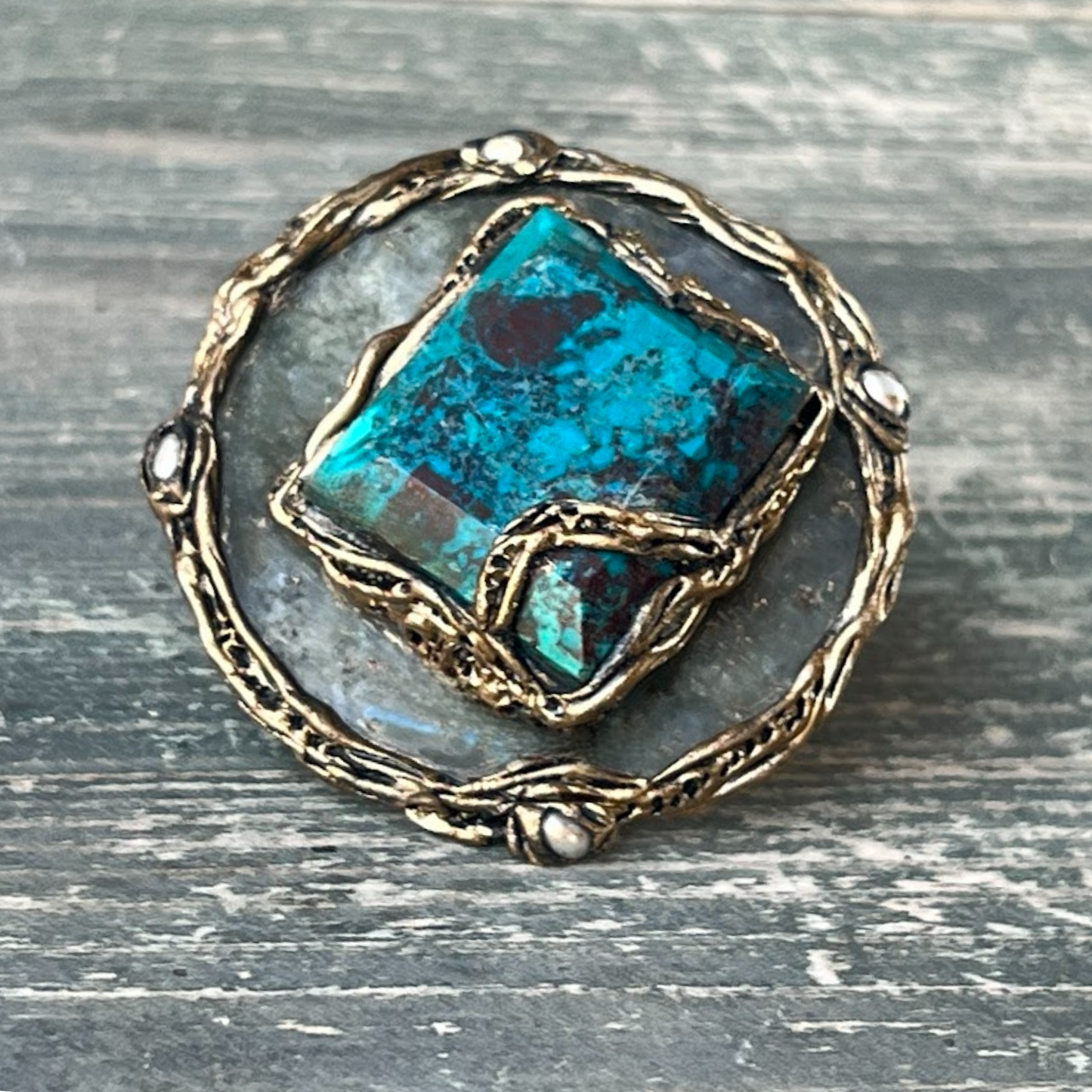 Large Labradorite Round Cocktail Ring with Chrysocolla - Chunky Statement Jewelry