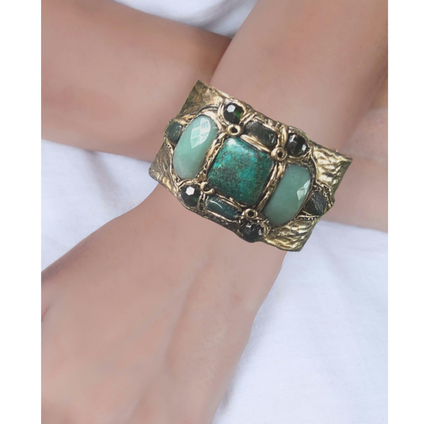 Green Gemstone Cuff Bracelet with Aventurine & Chrysocolla, Unique Gift for Her