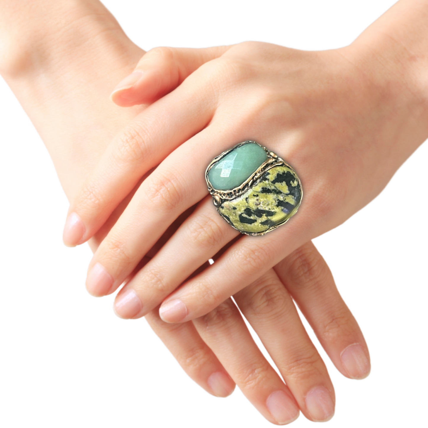 Green Stone Chunky Bracelet with Serpentine and Aventurine - Hinged Cuff
