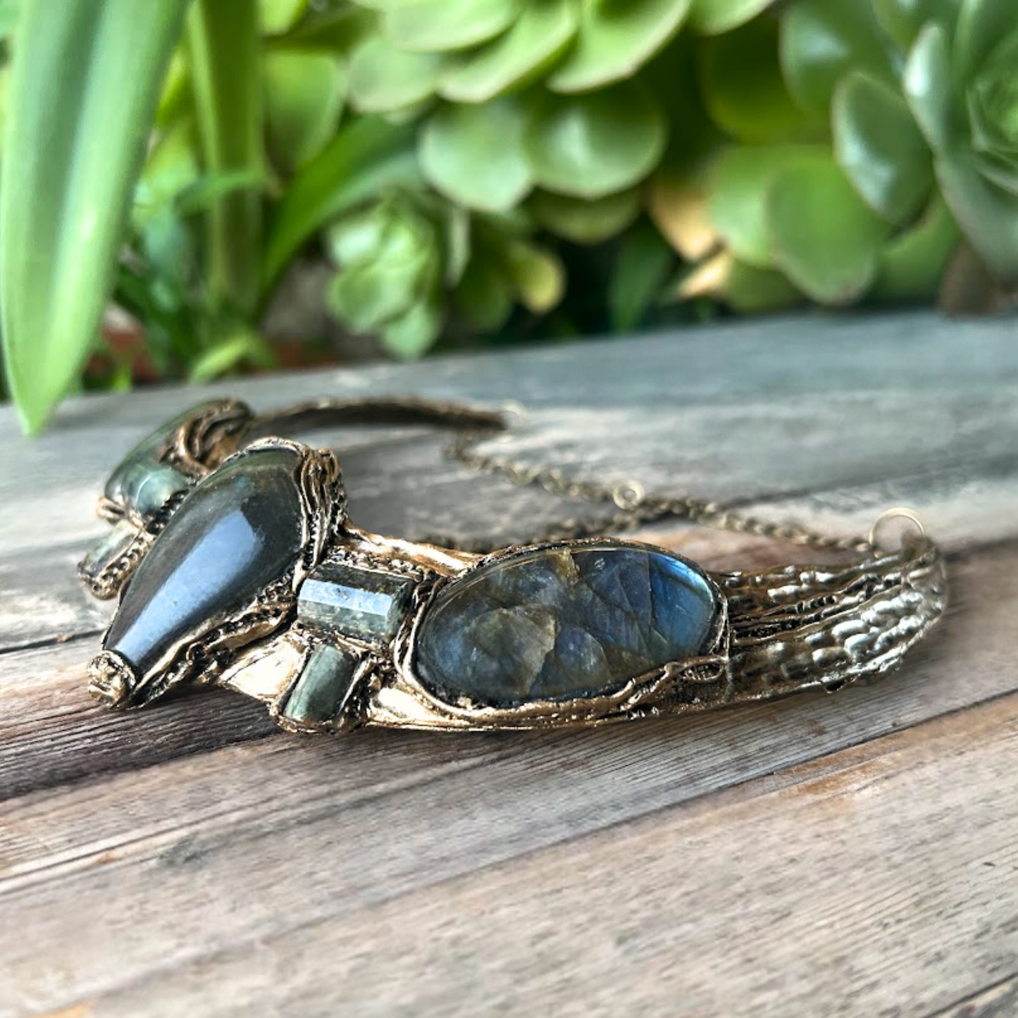 Labradorite and Prehnite Chunky Collar Necklace, Statement Green Stone Choker