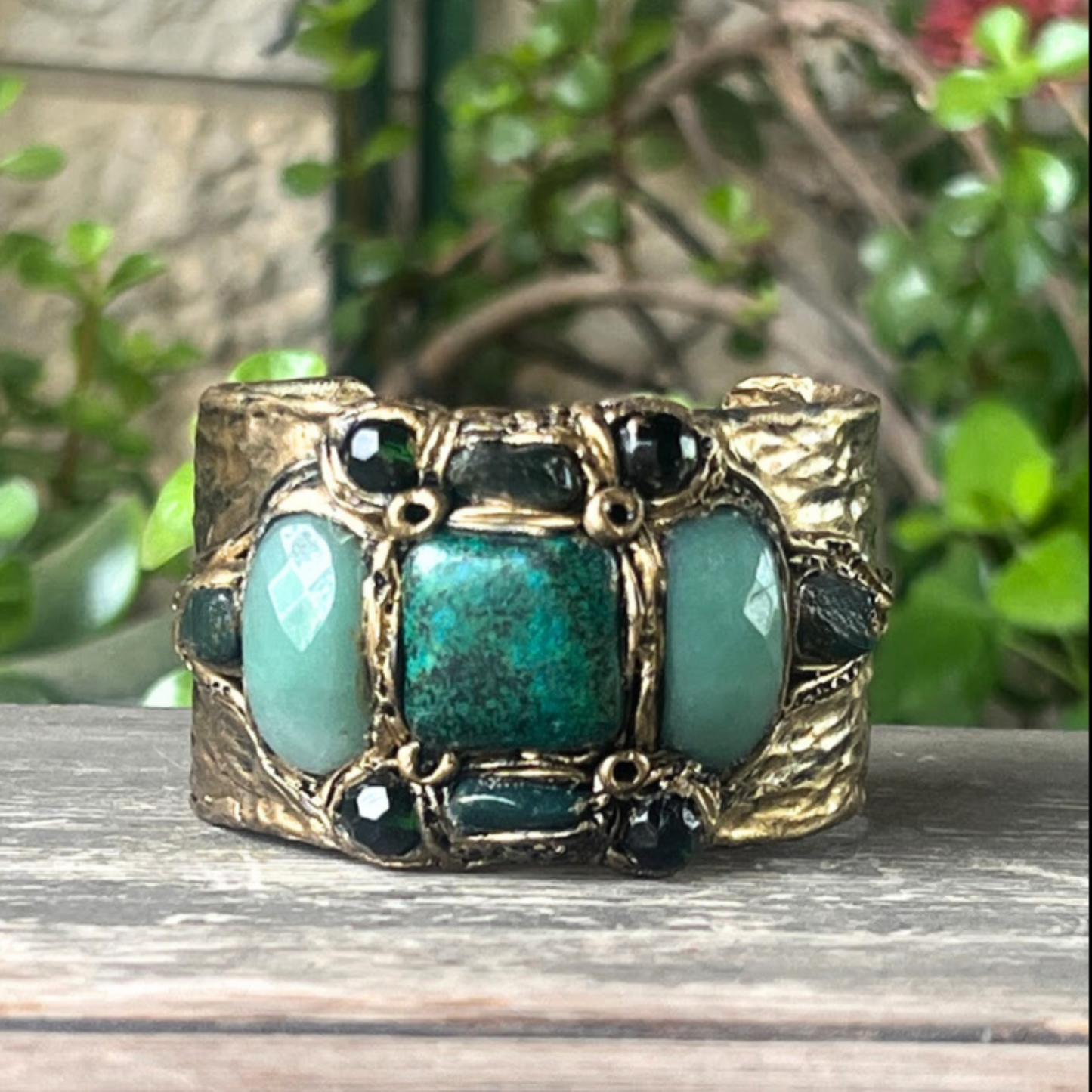 Green Gemstone Cuff Bracelet with Aventurine & Chrysocolla, Unique Gift for Her