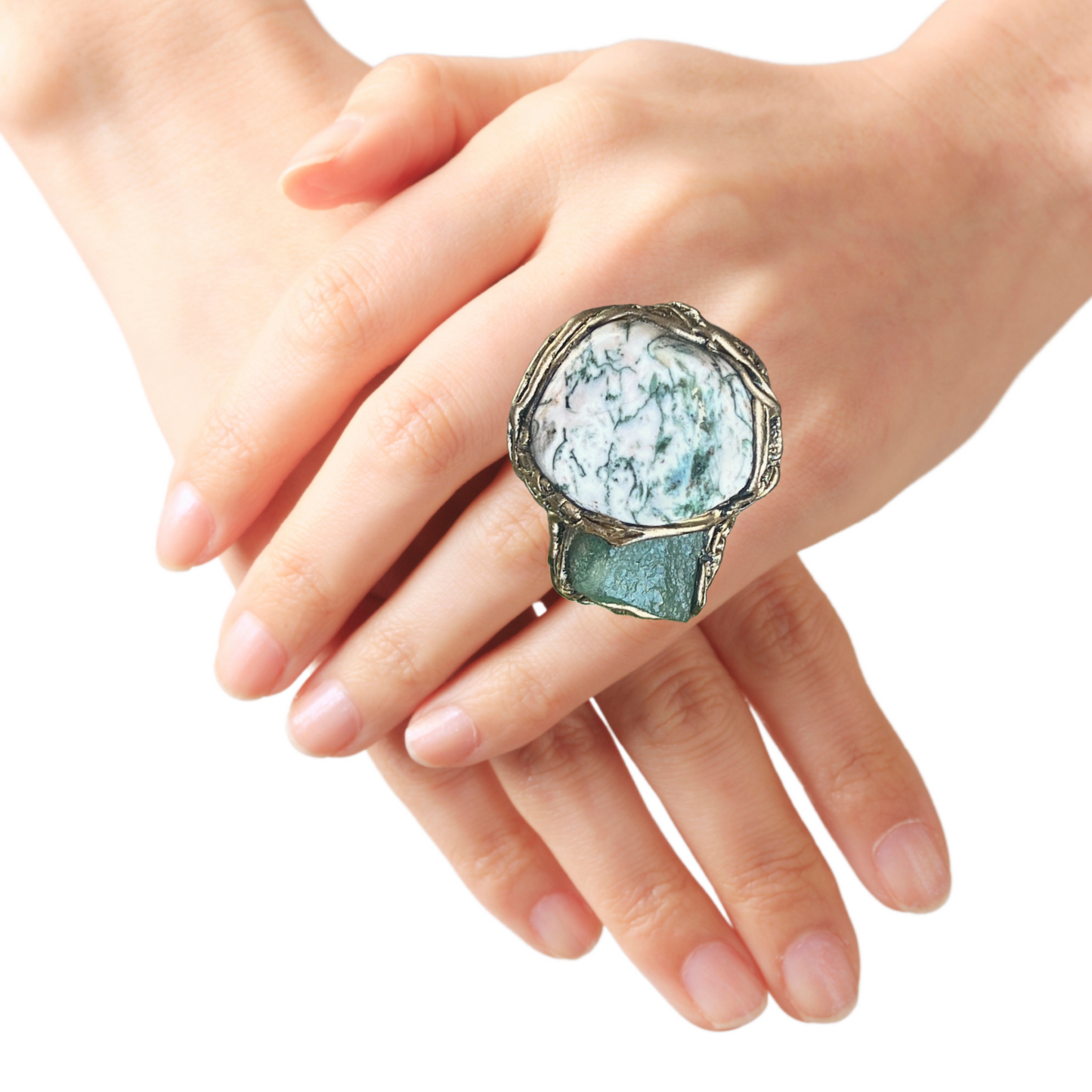 Bold Statement Bracelet - Green Aventurine & Tree Agate Cuff