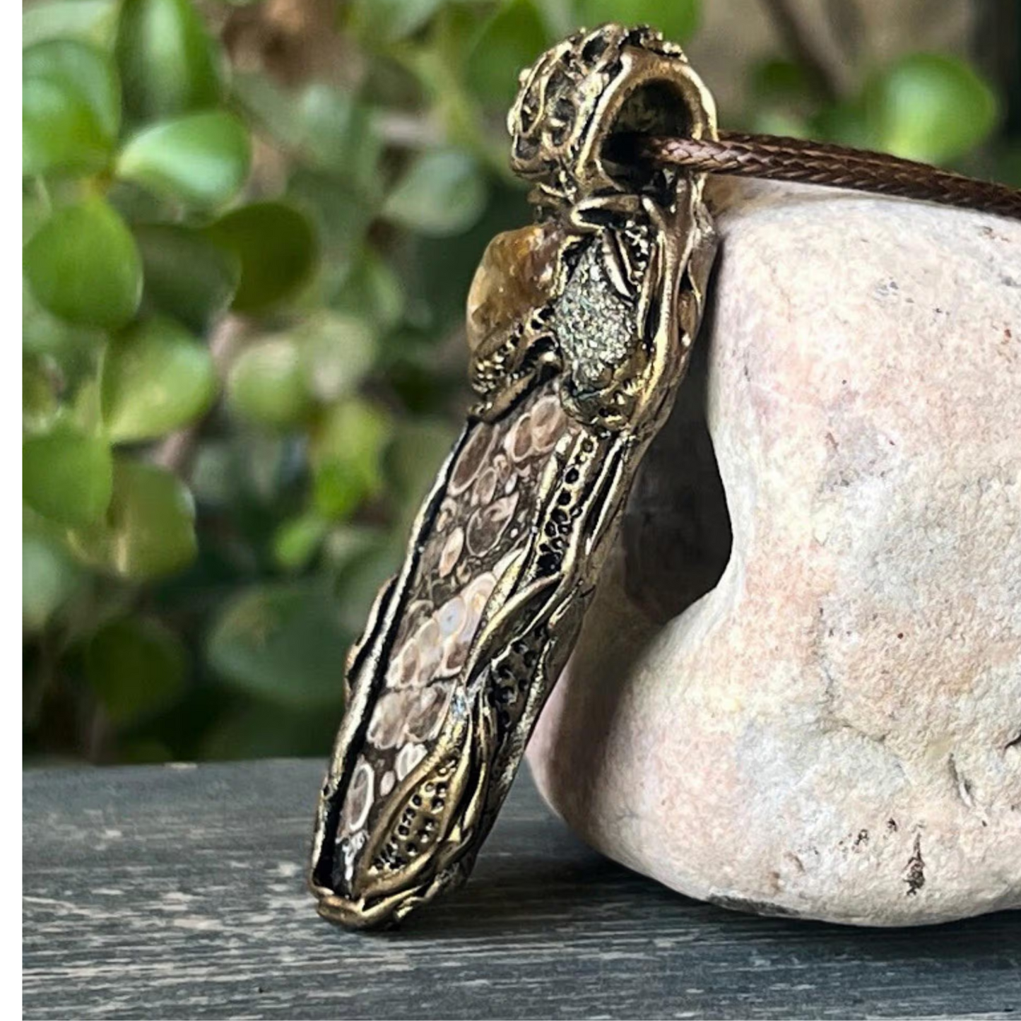 Crystal Pendant Necklace with Citrine, Pyrite, Turritella Agate - Unique Amulet