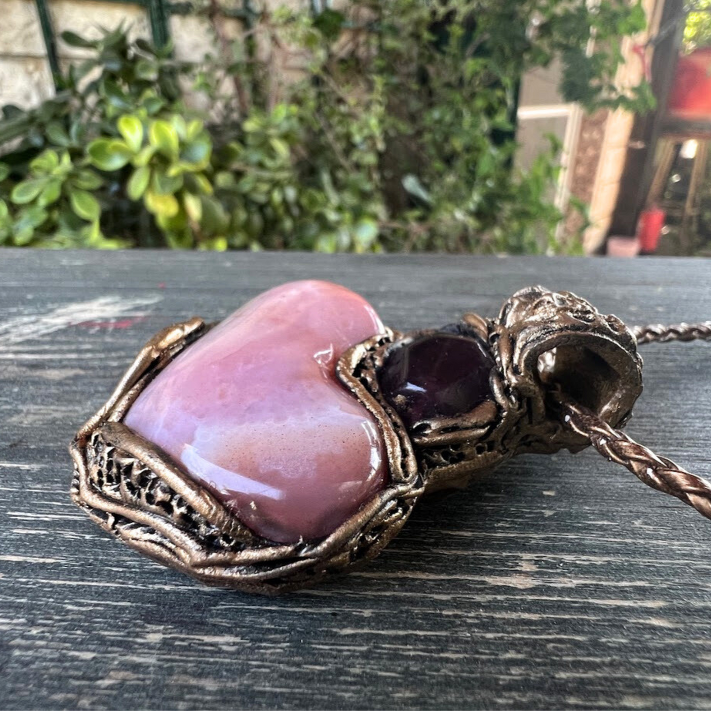 Pink Botswana Agate and Fluorite Large Heart Stone Necklace