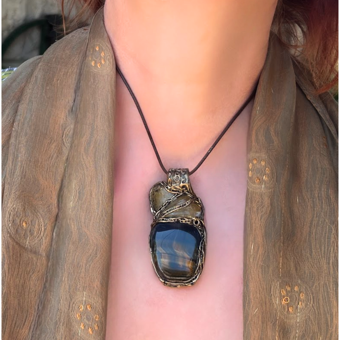 Tiger’s Eye & Citrine Protection Necklace – Crystal Amulet Pendant, Statement Gemstone Jewelry