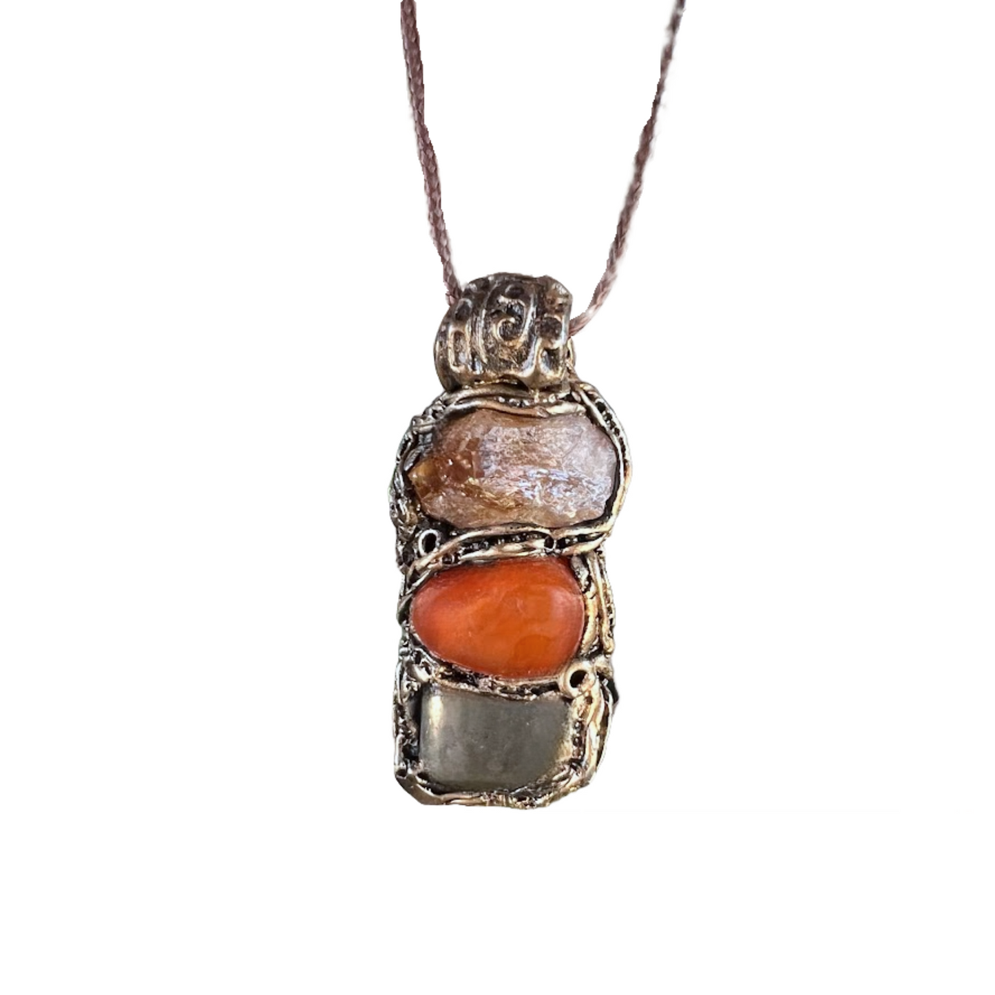 Raw Citrine, Pyrite, and Carnelian Good Luck Pendant Necklace, Raw Crystal Wealth Amulet