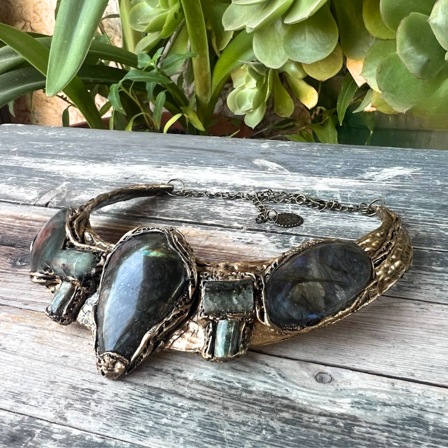 Labradorite and Prehnite Chunky Collar Necklace, Statement Green Stone Choker
