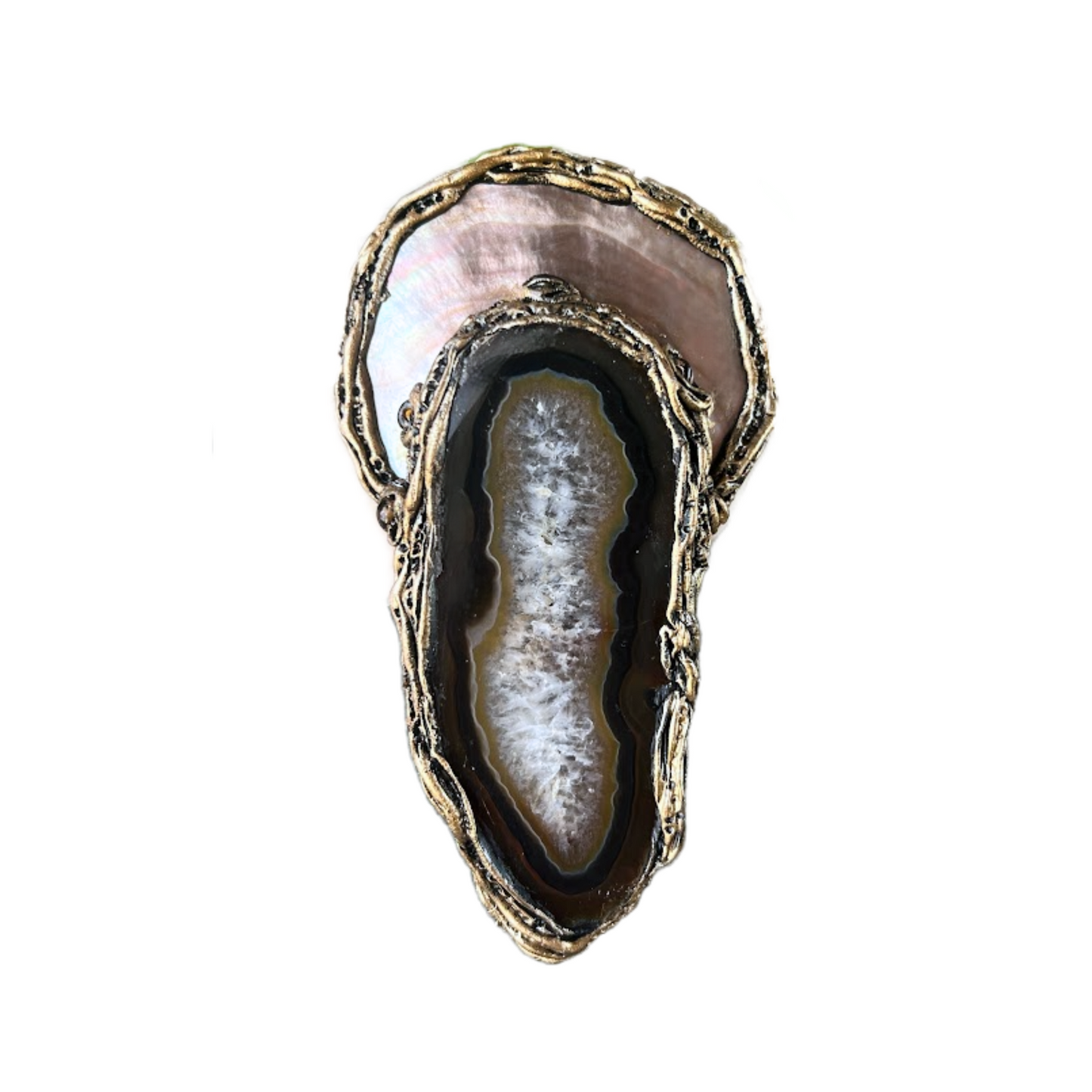 Large Brooch with Agate and Mother of Pearl - Statement Designer Costume Jewelry