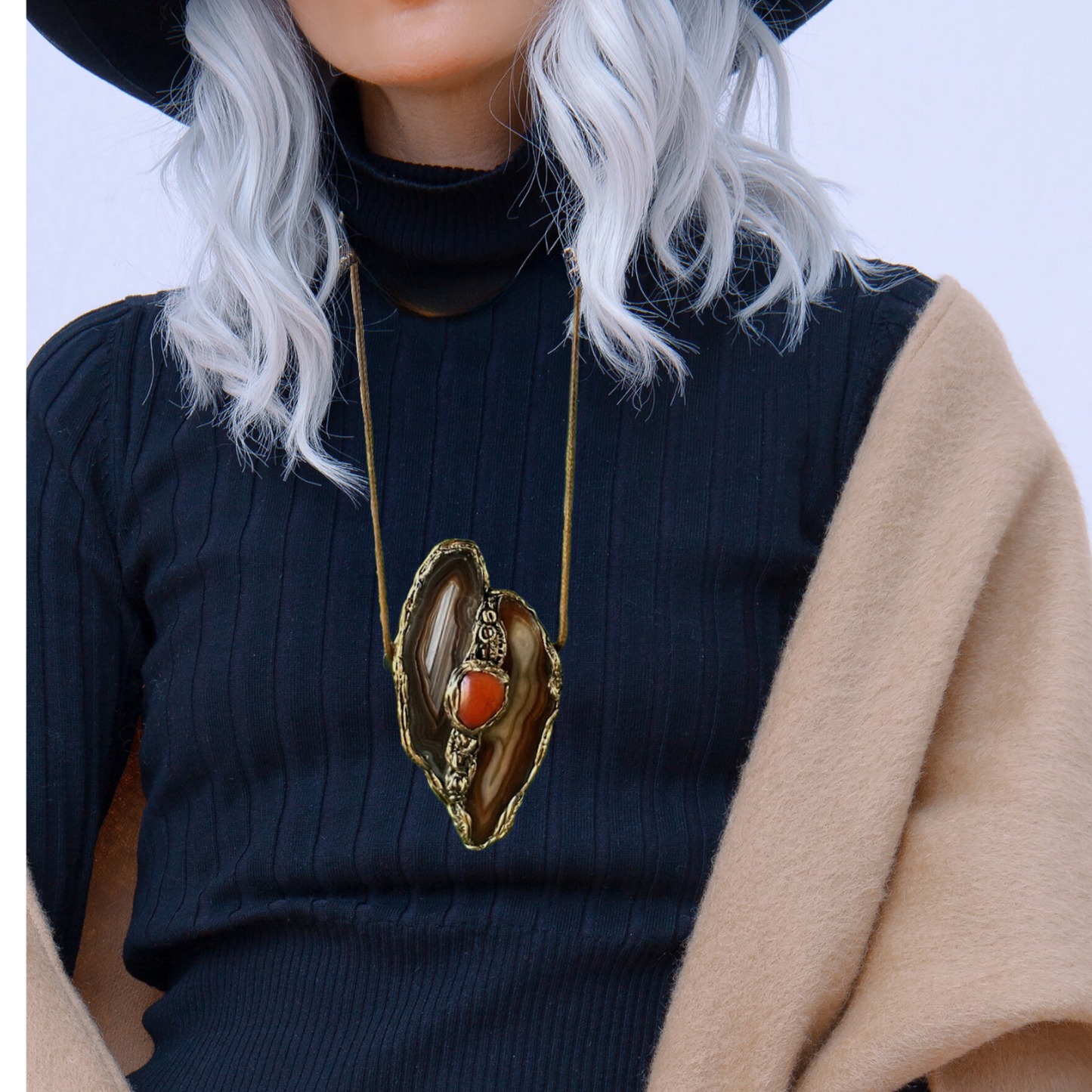 Agate & Carnelian Gemstone Pendant Necklace — Chunky Bold Crystal Jewelry