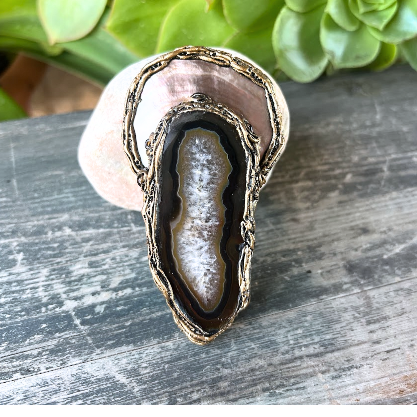 Large Brooch with Agate and Mother of Pearl - Statement Designer Costume Jewelry