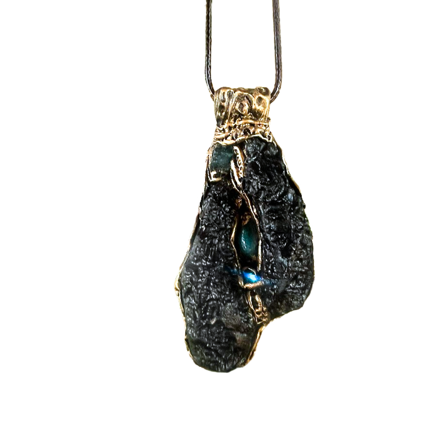 Meteorite Tektite and Blue Apatite gemstone necklace
