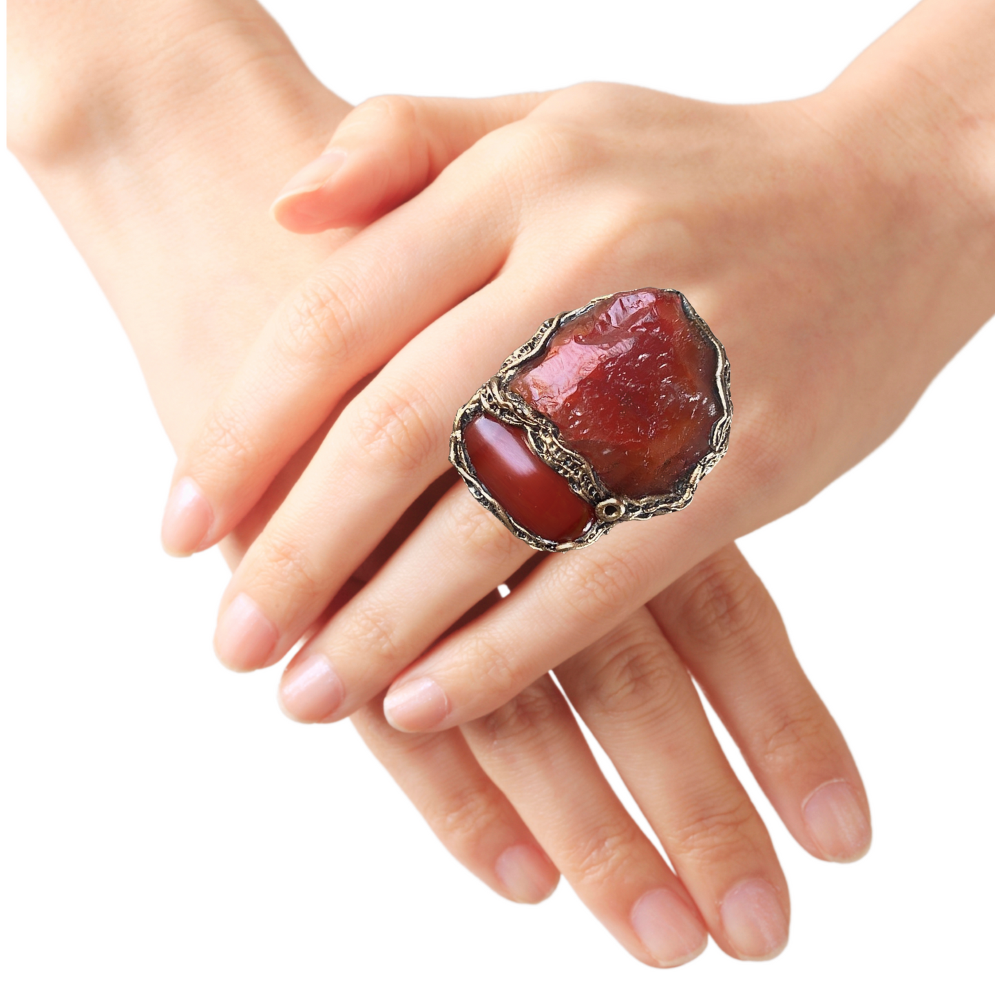 Namibian Carnelian Statement Ring - Raw Chunky Stone Jewelry