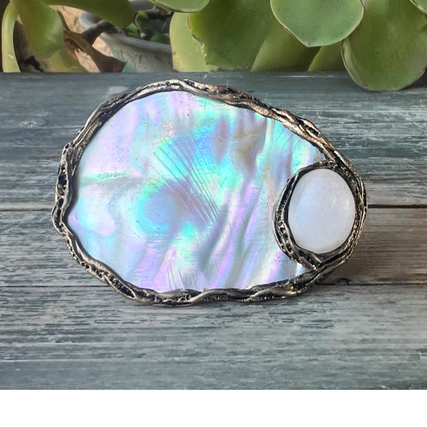 Mother of Pearl & Quartz Ring, Bold White Cocktail Chunky Ring