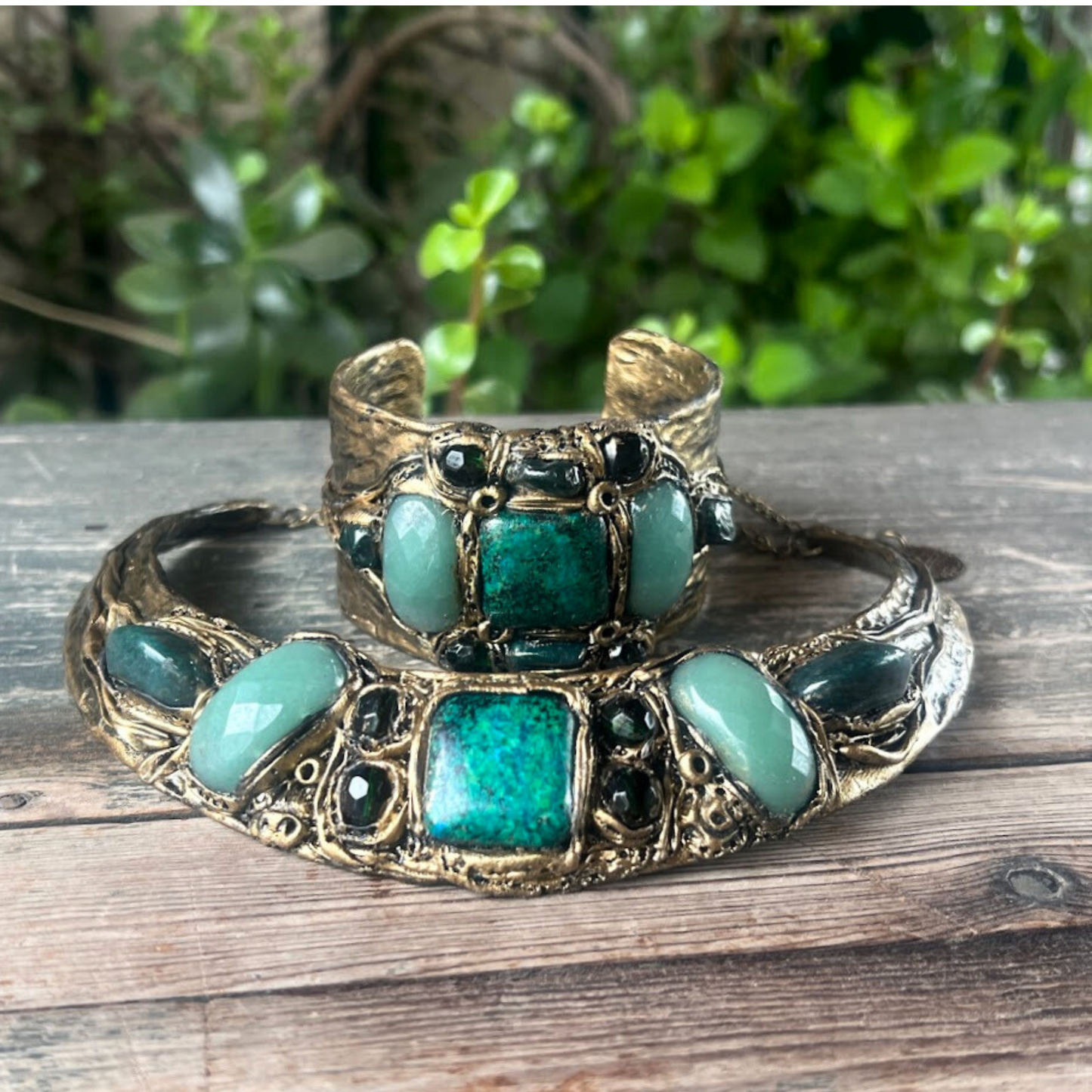 Green Gemstone Cuff Bracelet with Aventurine & Chrysocolla, Unique Gift for Her