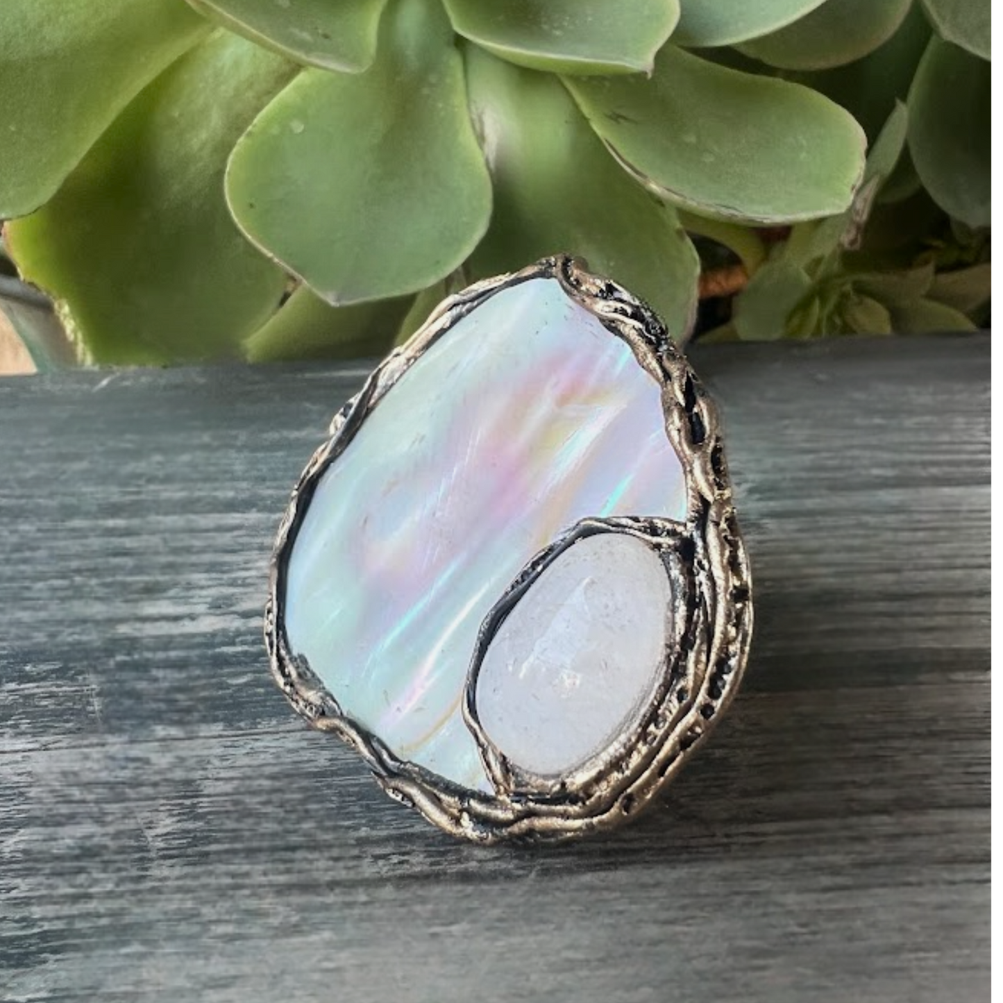 Mother of Pearl & Quartz Ring, Bold White Cocktail Chunky Ring