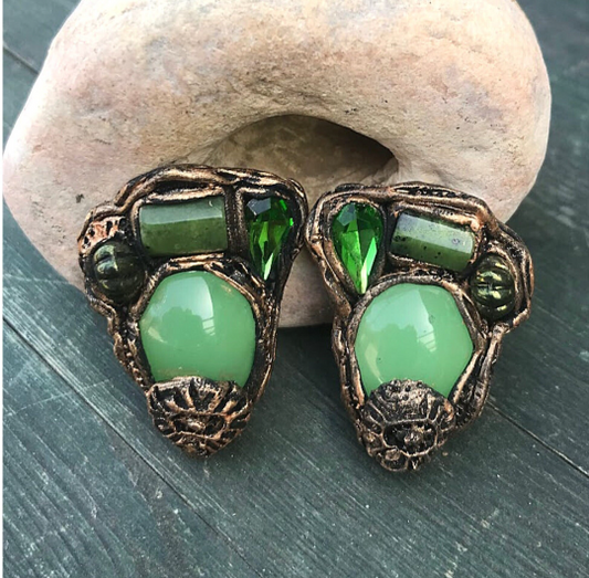 Jade Green Stone and Crystal Earrings, Big Statement Modern Earrings for a Stylish Aura