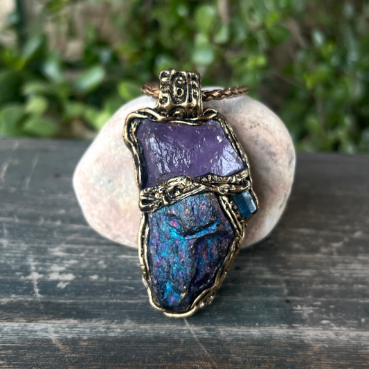 Raw Crystal Necklace with Amethyst, Apatite, and Peacock Ore