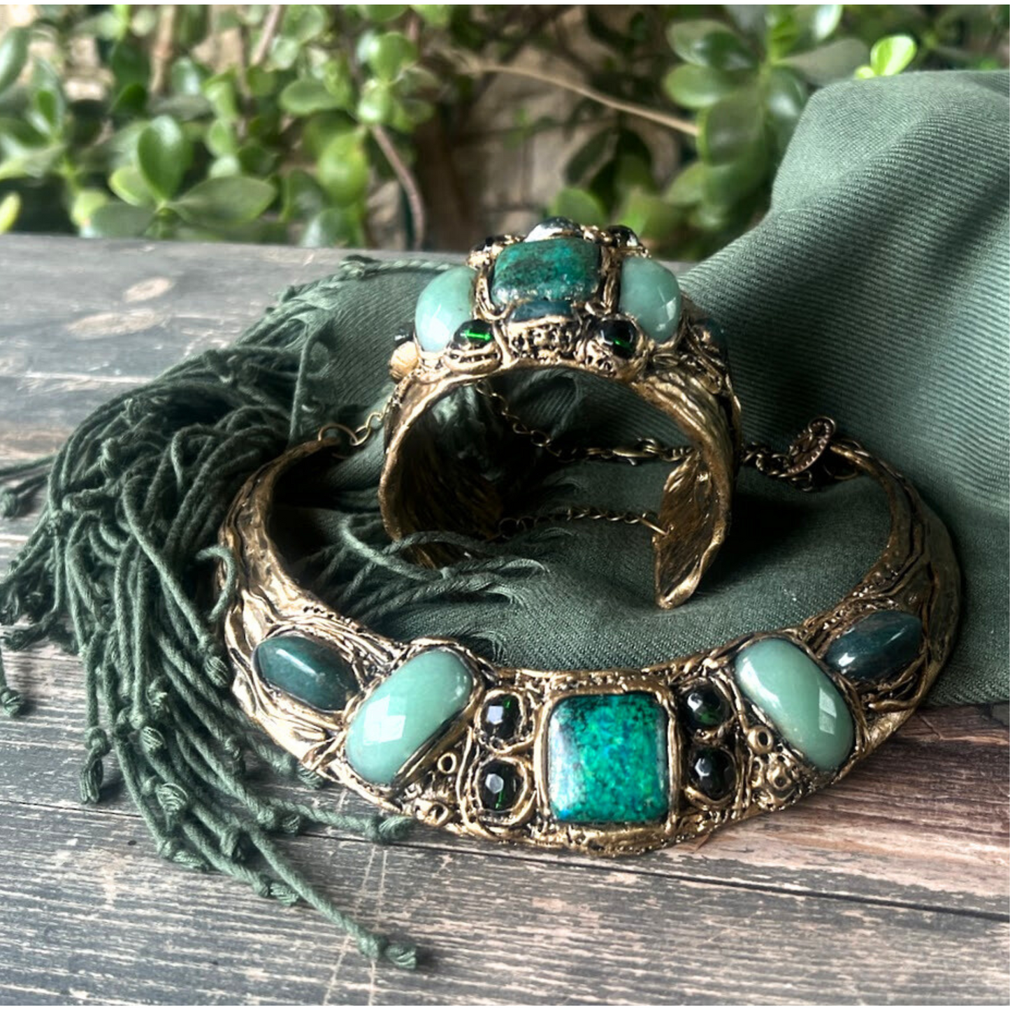 Green Gemstone Cuff Bracelet with Aventurine & Chrysocolla, Unique Gift for Her