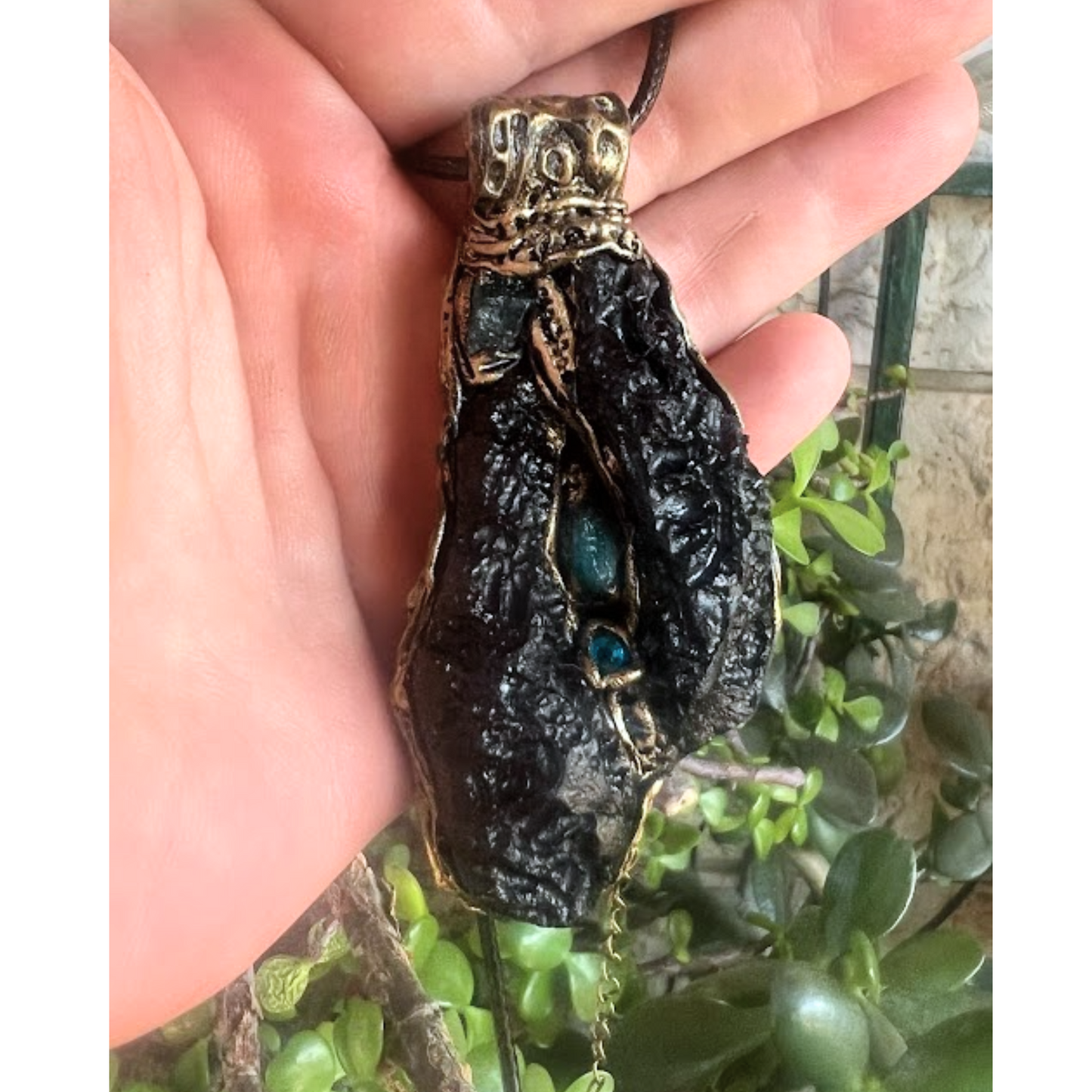 Meteorite Tektite and Blue Apatite gemstone necklace