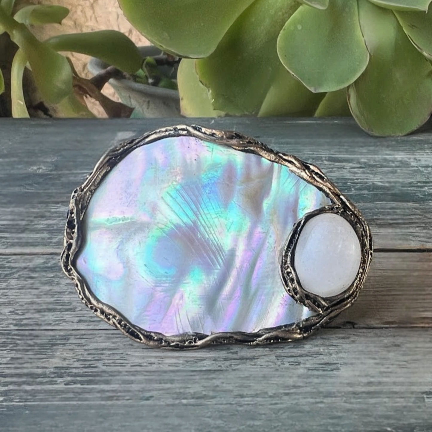 Mother of Pearl & Quartz Ring, Bold White Cocktail Chunky Ring