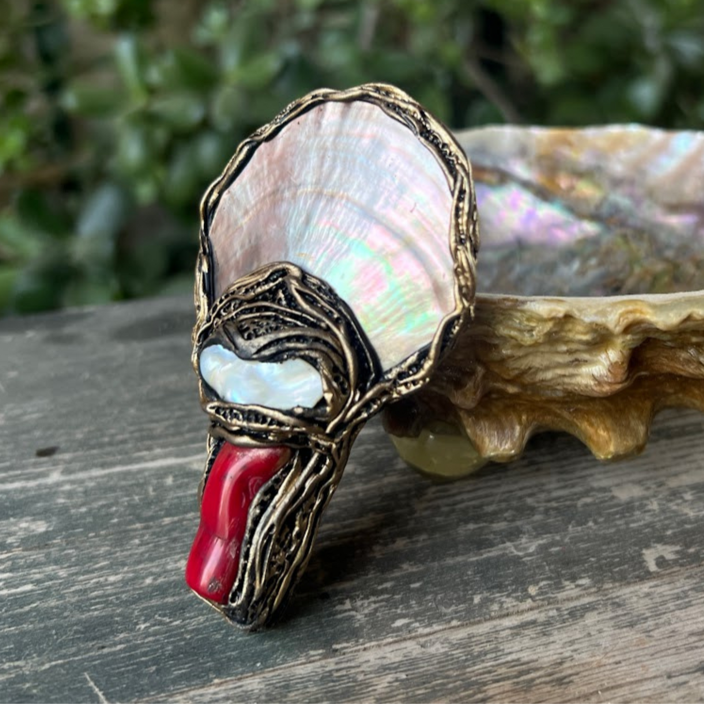 Mother of Pearl Brooch with Coral & Baroque Pearl - Unique Gift for Her
