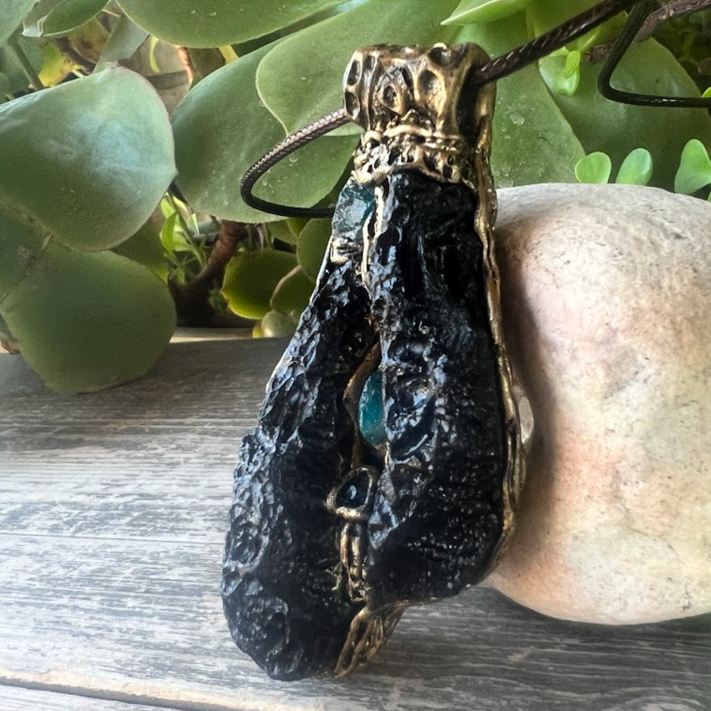Meteorite Tektite and Blue Apatite gemstone necklace