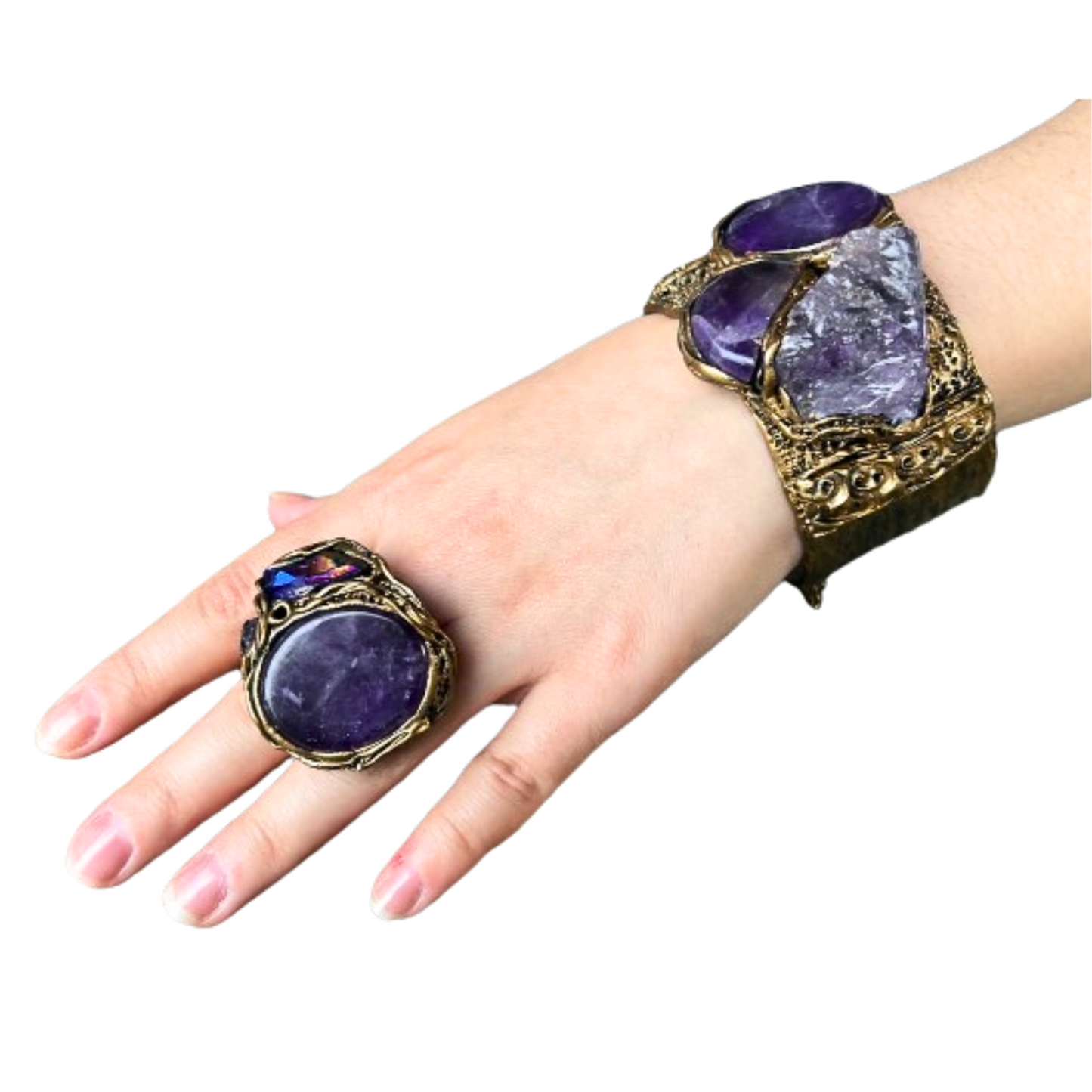 Amethyst Crystal Cuff Bracelet, Boho Purple Stone Bracelet