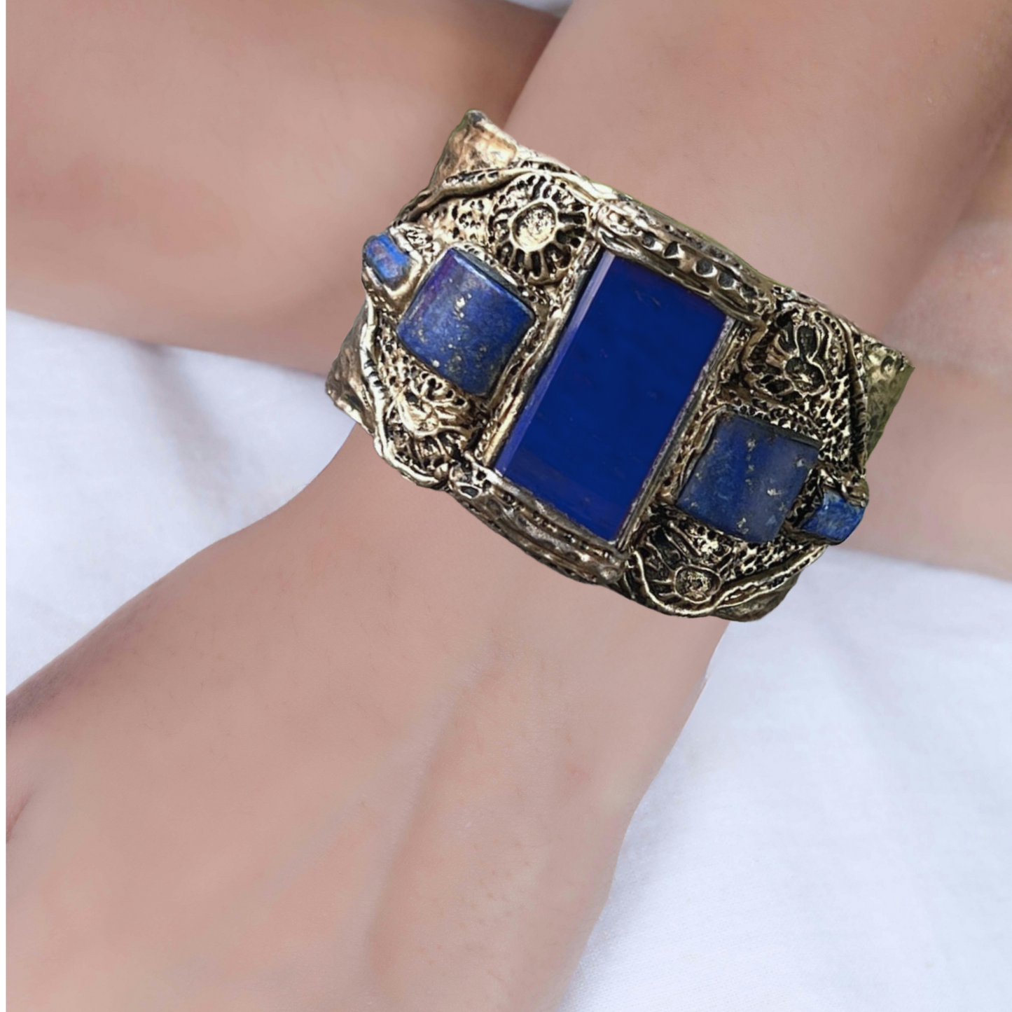 Lapis Lazuli Gemstone Cuff Bracelet - Boho Unique Statement Blue