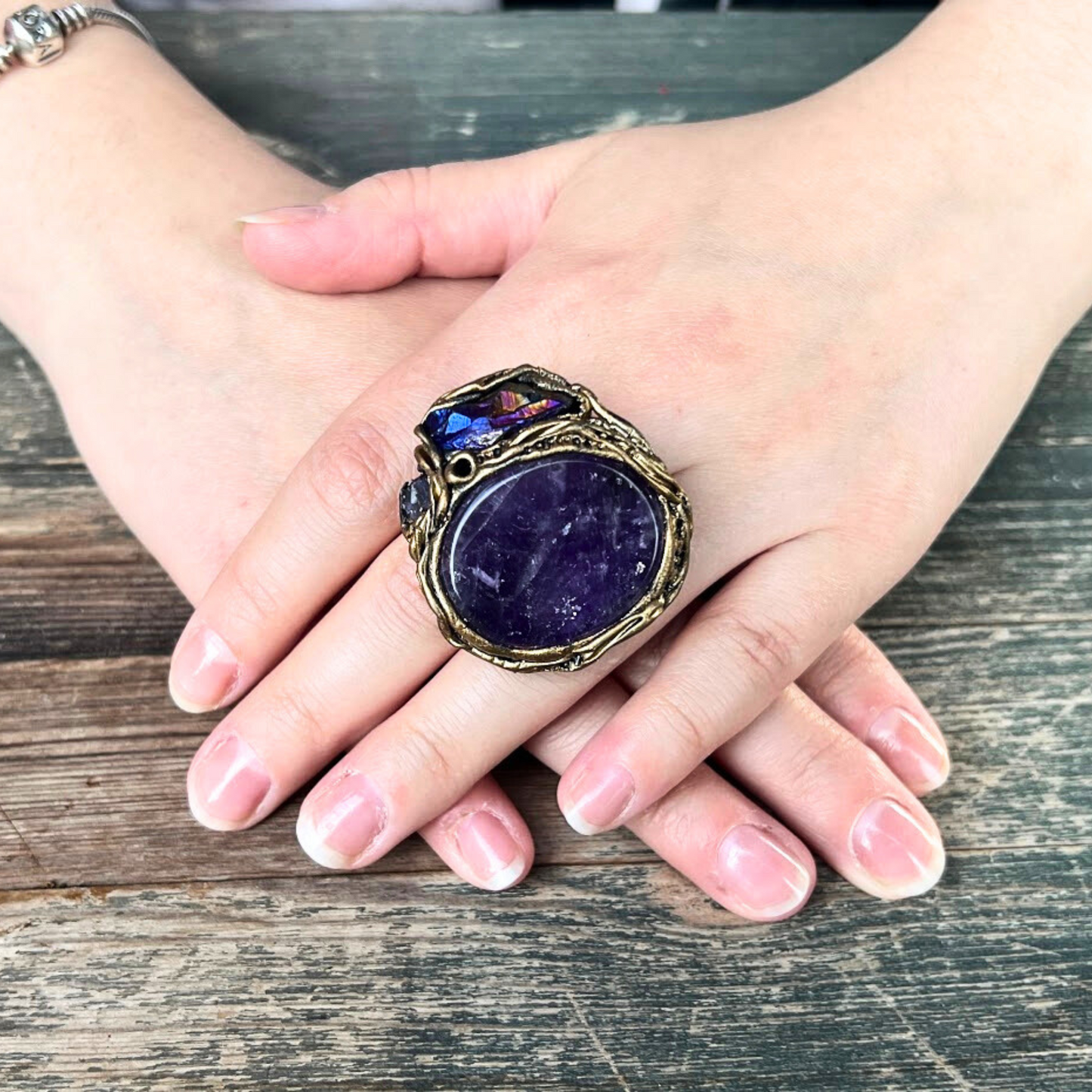 Amethyst Crystal Cuff Bracelet, Boho Purple Stone Bracelet