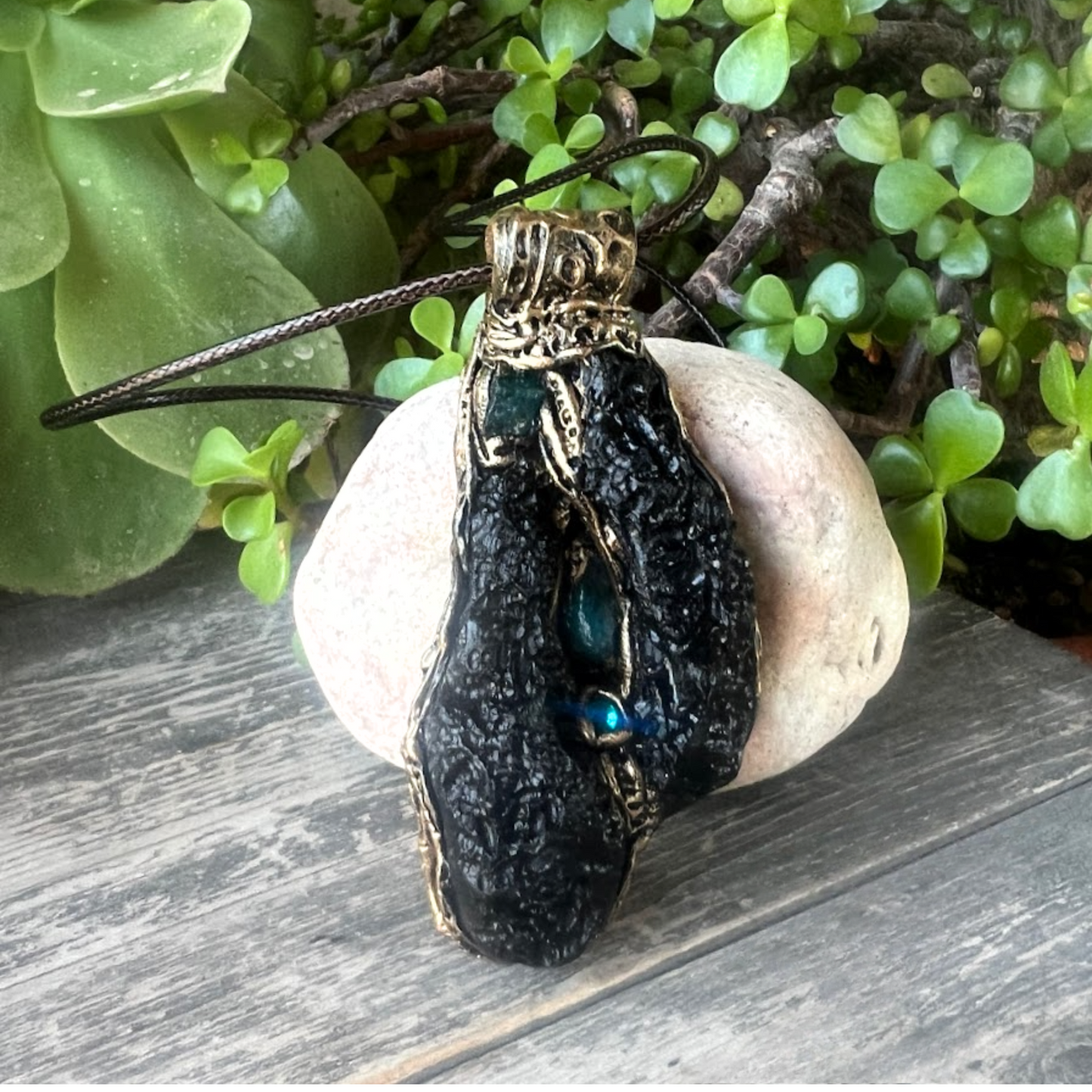Meteorite Tektite and Blue Apatite gemstone necklace