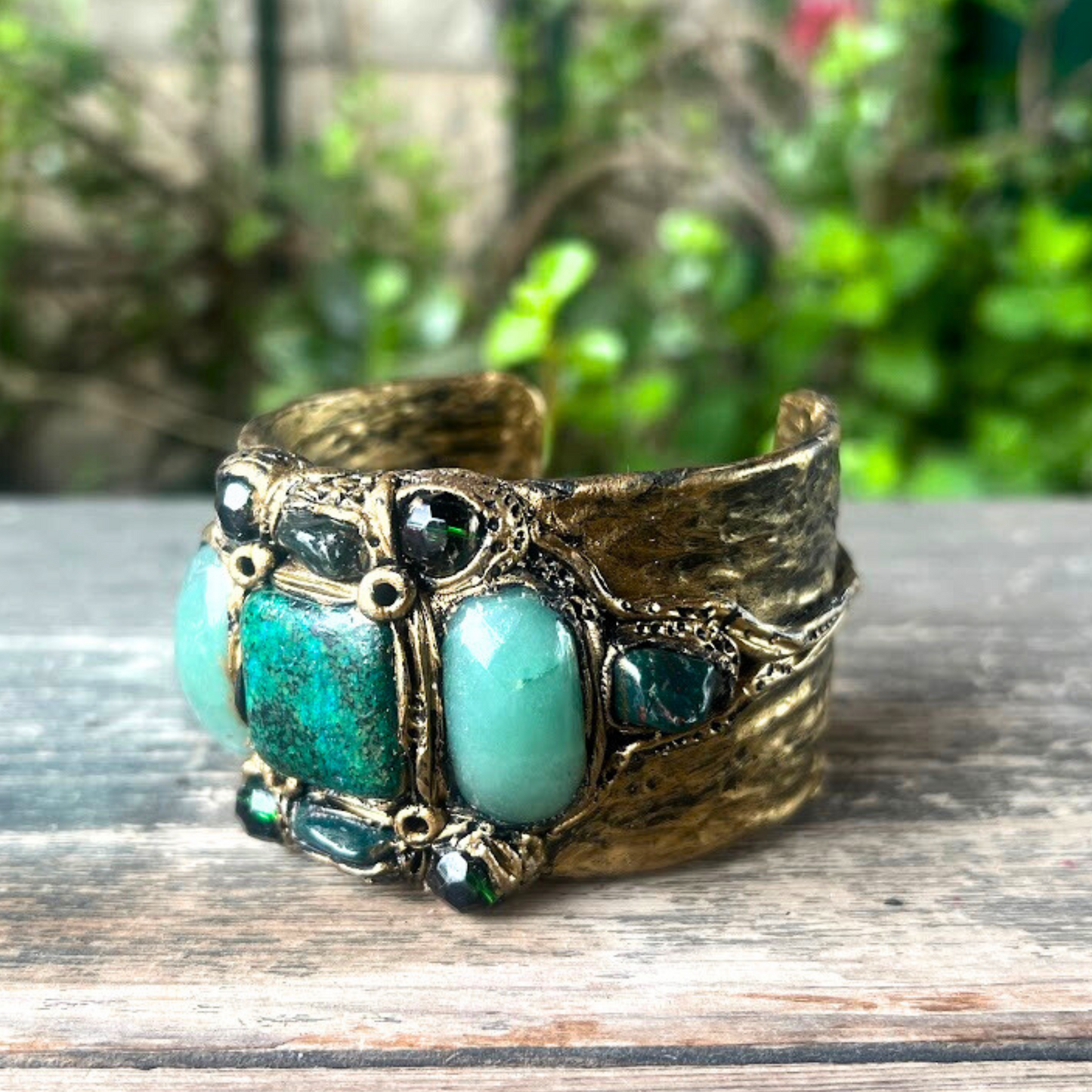 Green Gemstone Cuff Bracelet with Aventurine & Chrysocolla, Unique Gift for Her