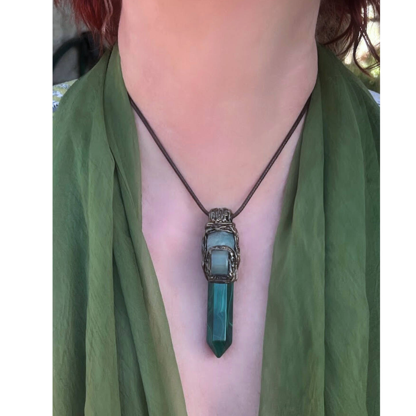 Green Crystal Pendant Necklace with Malachite, Fluorite, Aventurine - Amulet Jewelry
